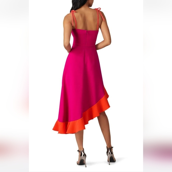 Christian Siriano - Asymmetrical Pink Shoulder Tie Midi Dress (Pink/Orange) - Picture 3 of 9
